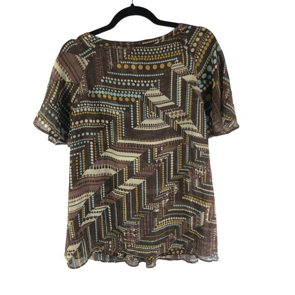 J. Jill Womens Geometric Print Silk Pleated Blouse Brown & Blue XL - Picture 2 of 4